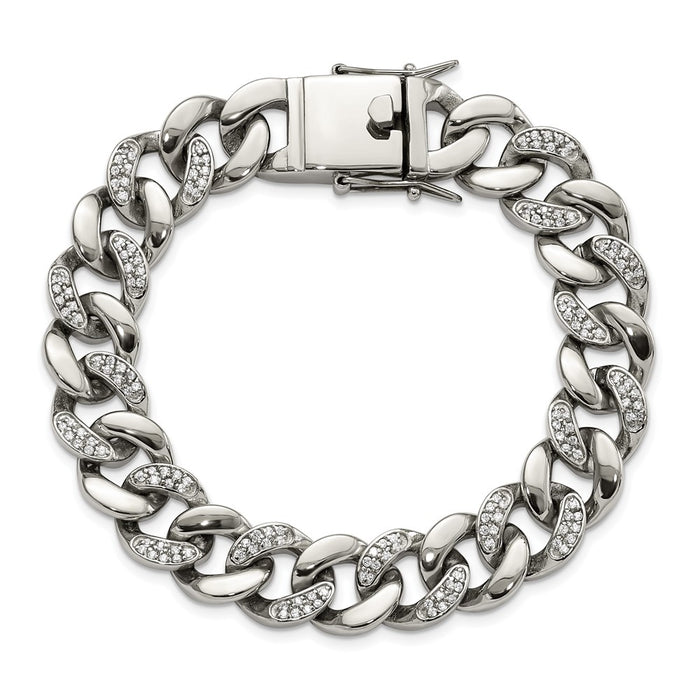 Buy Stylish 8-Inch Curb Link Bracelet in Polished Stainless Steel with CZ Accents-3