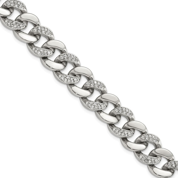8-Inch Curb Link Bracelet in Polished Stainless Steel with CZ Accents