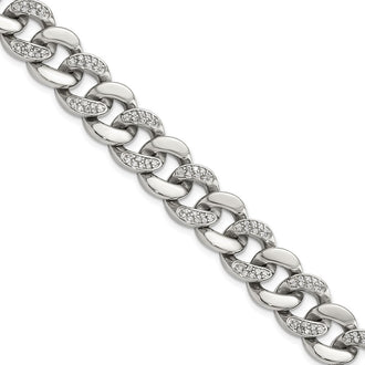 Buy Stylish 8-Inch Curb Link Bracelet in Polished Stainless Steel with CZ Accents