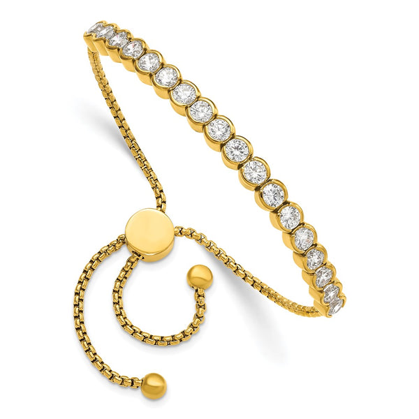 Chisel Polished Stainless Steel Adjustable Bracelet with CZ Accents