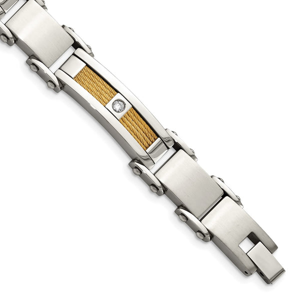 Chisel Polished Stainless Steel Cable Link Bracelet - 8.5" CZ