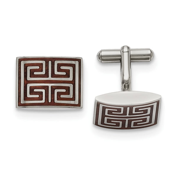 Polished Stainless Steel Rectangle Cufflinks with Koa Wood Inlay