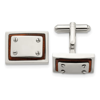 Designer Chisel Polished Stainless Steel Cufflinks with Koa Wood Inlay - Stylish Accessory