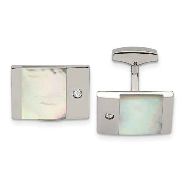 Chisel Polished Stainless Steel Cufflinks - Rectangle Mother of Pearl CZ Accents