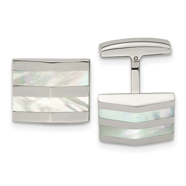 Polished Stainless Steel Square Cufflinks with Mother of Pearl Inlay