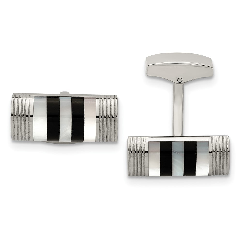 Buy Stylish Chisel Polished Stainless Steel Cufflinks with Onyx & Pearl Inlay