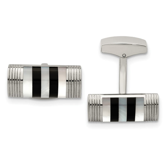 Buy Stylish Chisel Polished Stainless Steel Cufflinks with Onyx & Pearl Inlay
