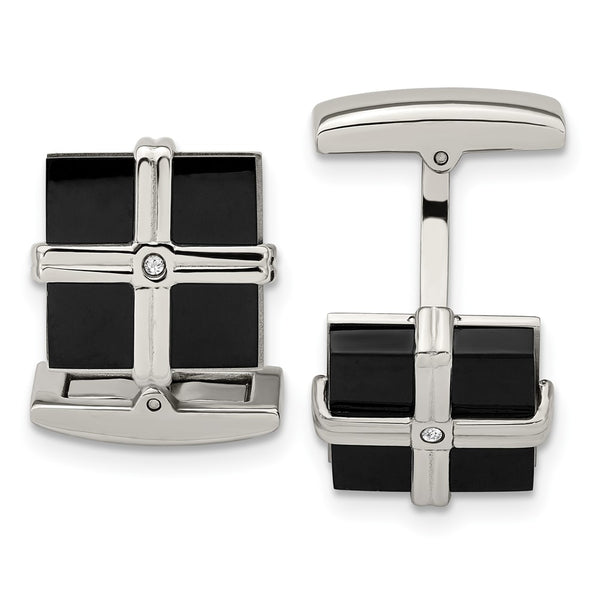 Chisel Polished Black IP-Plated Cufflinks with CZ Accents