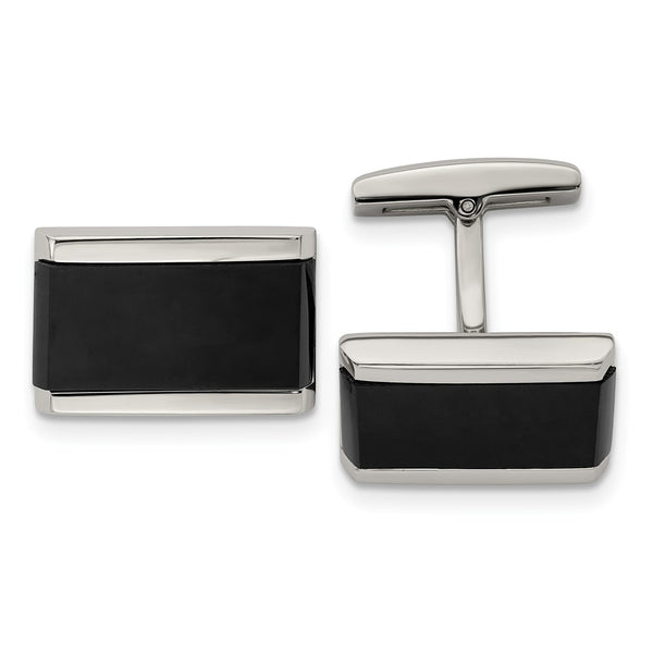 Chisel Polished Stainless Steel Cufflinks with Black Onyx Inlay