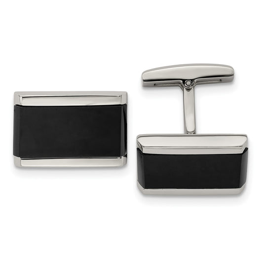 Exclusive Chisel Polished Stainless Steel Cufflinks with Black Onyx Inlay
