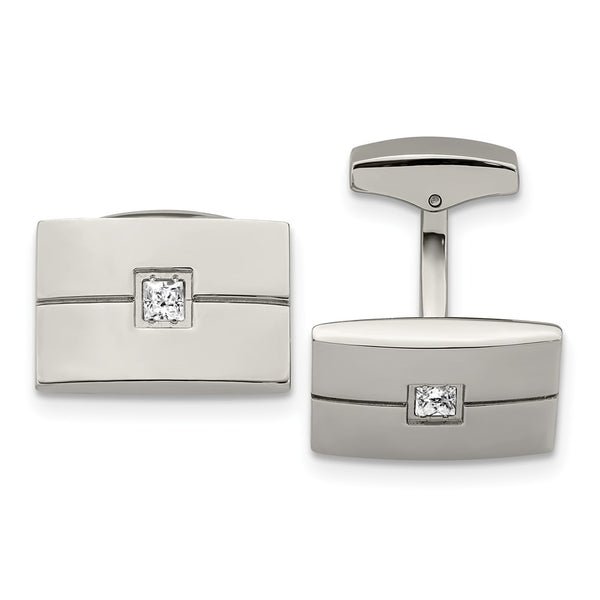 Chisel Polished Stainless Steel Rectangle Cufflinks with CZ Accents