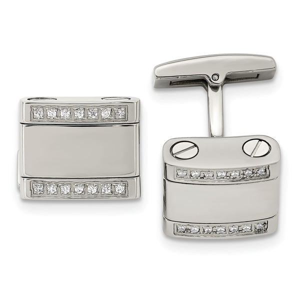 Polished Stainless Steel Chisel Cufflinks - CZ Rounded Square