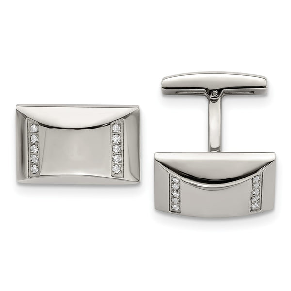 Polished Stainless Steel Rectangle Cufflinks with CZ Accents
