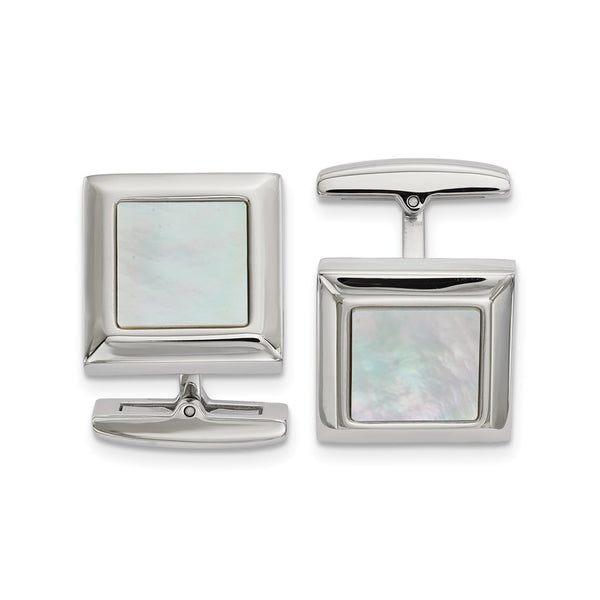 Chisel Polished Stainless Steel Cufflinks with Mother of Pearl Inlay
