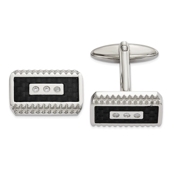 Chisel Polished Stainless Steel Cufflinks with CZ Accents