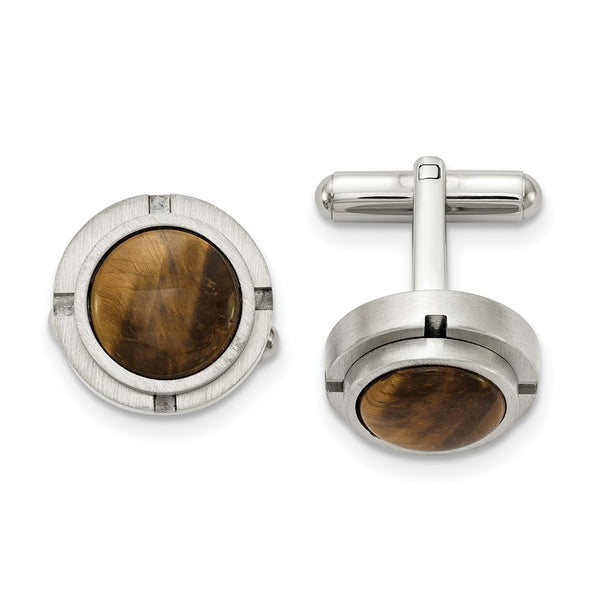 Chisel Brushed Stainless Steel Cufflinks with Tiger's Eye