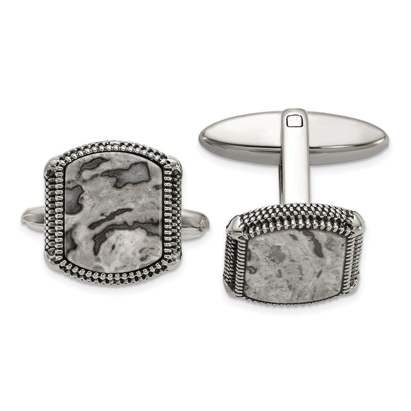 Antiqued Stainless Steel Cuff Links with Polished Jasper Inlay