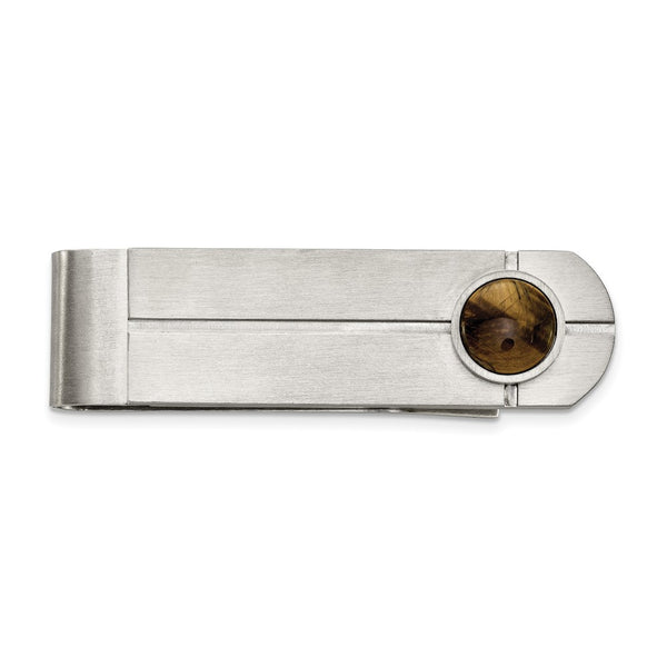 Brushed Stainless Steel Money Clip with Tiger's Eye Accent