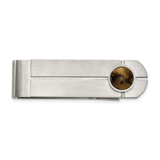 Exclusive Brushed Stainless Steel Money Clip with Tiger's Eye Accent - Stylish Value