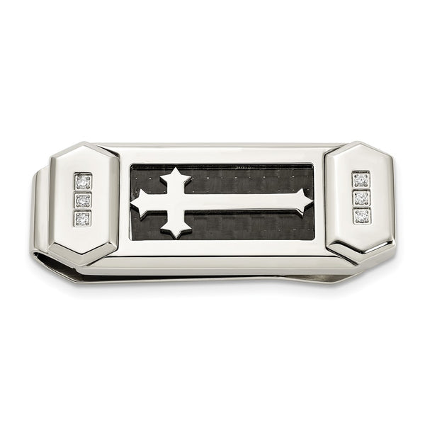 Chisel Polished Stainless Steel Cross Money Clip with CZ Inlay