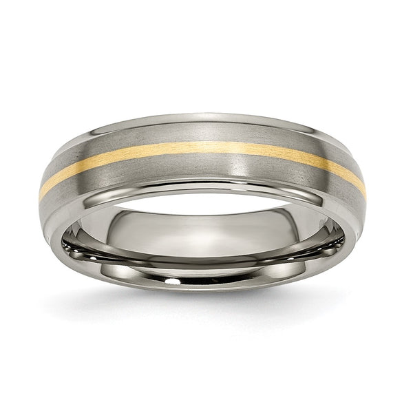 6mm Ridged Edge Band - Brushed Titanium 14K Gold Inlay