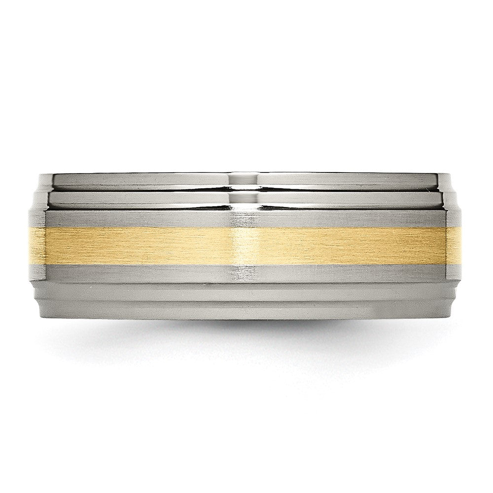High-Quality 8mm Ridged Edge Band with 14K Gold Inlay & Titanium Center