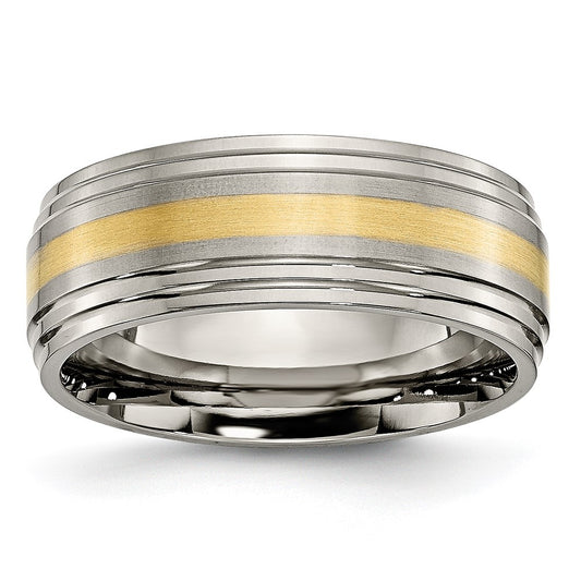 High-Quality 8mm Ridged Edge Band with Brushed Titanium & 14K Gold Inlay
