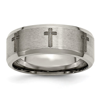 Buy 8mm Beveled Edge Titanium Band | Stylish Cross Laser Design, Affordable Price