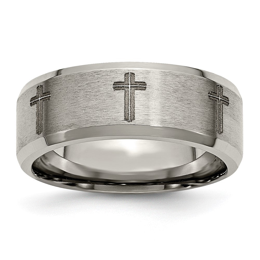 Buy Stylish 8mm Titanium Beveled Edge Band with Laser Design - Affordable Luxury