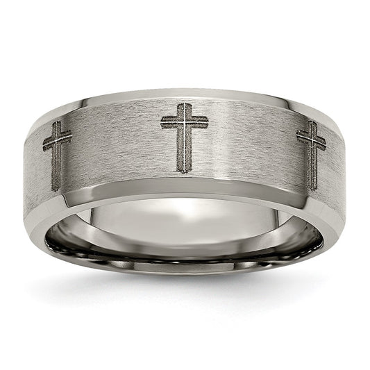 Buy Stylish 8mm Titanium Beveled Edge Band with Laser Design - Affordable Luxury