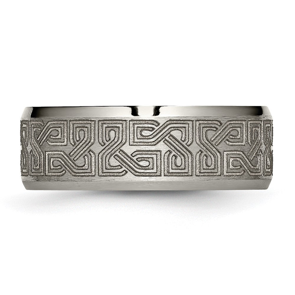 Buy Stylish 8mm Titanium Beveled Band with Greek Key Design - Luxury Look!
