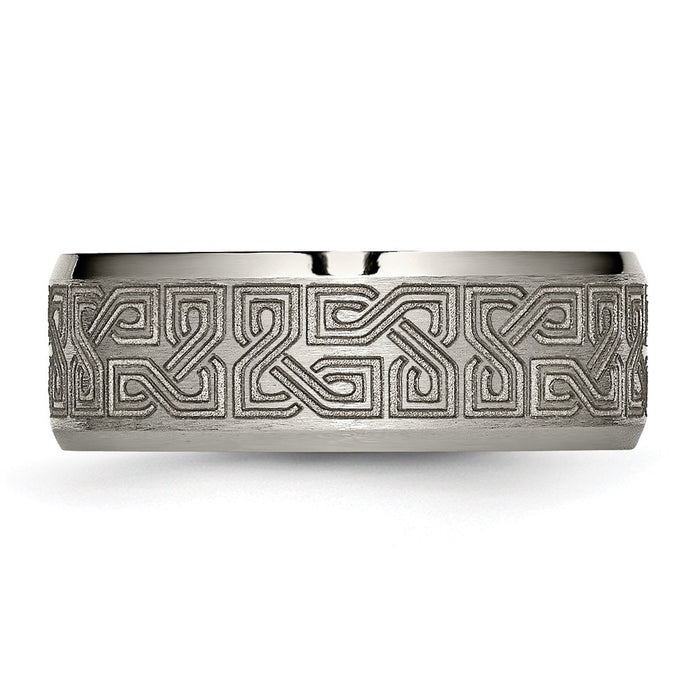 Buy Stylish 8mm Titanium Beveled Band with Greek Key Design - Luxury Look!-3