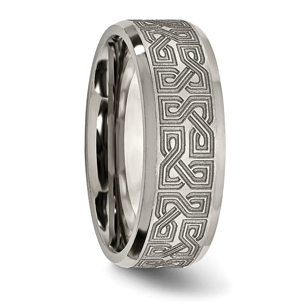Buy Stylish 8mm Titanium Beveled Band with Greek Key Design - Luxury Look!