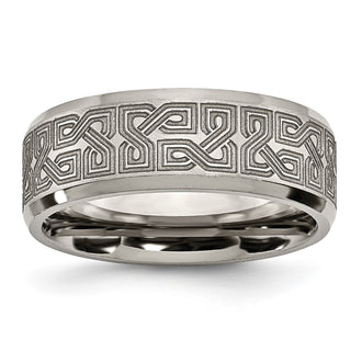 Buy Stylish 8mm Chiseled Titanium Beveled Band with Greek Key Design - Value!