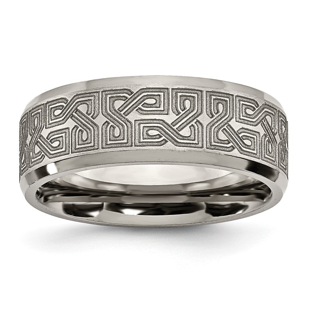 Buy Stylish 8mm Titanium Beveled Band with Greek Key Design - Luxury Look!
