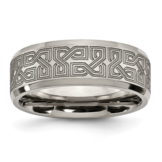 Buy Stylish 8mm Titanium Beveled Band with Greek Key Design - Luxury Look!