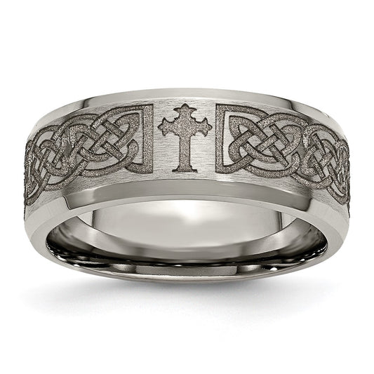 Buy Stylish 8mm Beveled Edge Titanium Cross Ring | Luxury Laser Engraved Design