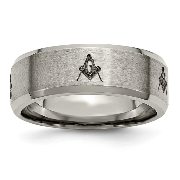 Chiseled Titanium 8mm Beveled Edge Band with Masonic Engraving
