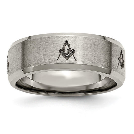 Exclusive 8mm Beveled Edge Band - Stylish Chiseled Titanium with Masonic Design