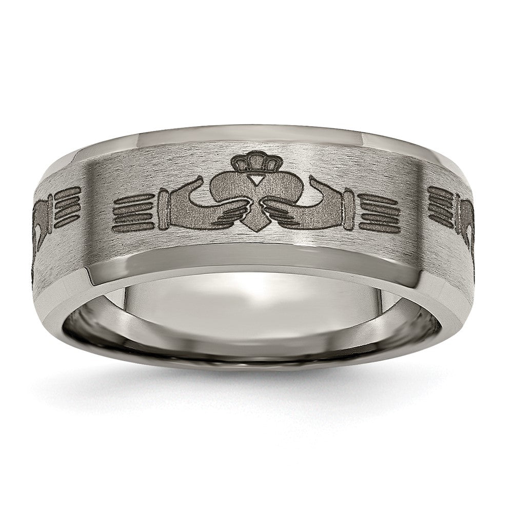 Exclusive 8mm Titanium Beveled Edge Band with Stylish Claddagh Design