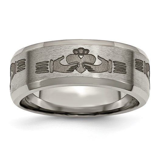 Exclusive 8mm Titanium Beveled Edge Band with Stylish Claddagh Design