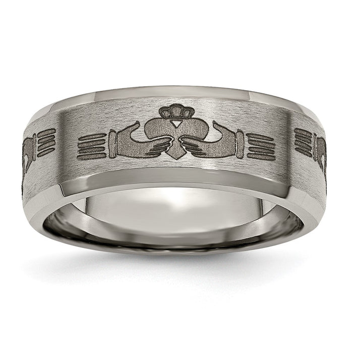 Exclusive 8mm Titanium Beveled Edge Band with Stylish Claddagh Design-1