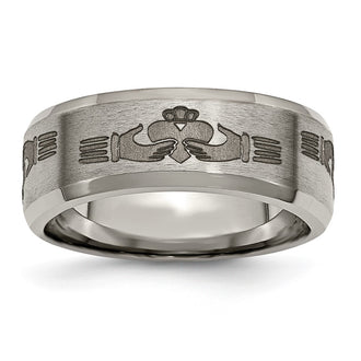 Buy Stylish 8mm Beveled Edge Titanium Band with Claddagh Design - Luxury