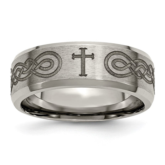 Exclusive 8mm Beveled Edge Titanium Band with Cross Laser Design - Stylish!