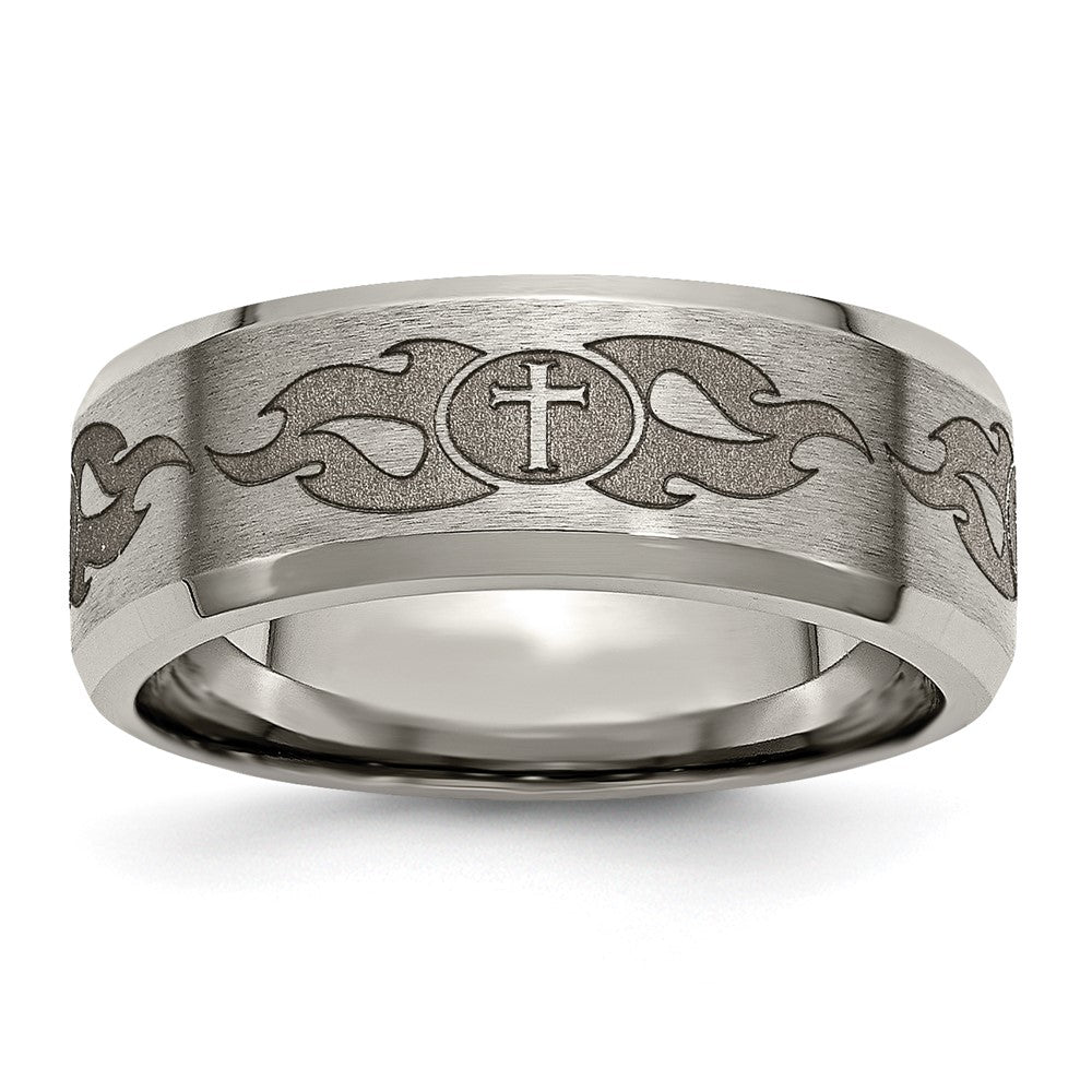 Buy Stylish Titanium 8mm Beveled Edge Band with Laser Design - Durable Value