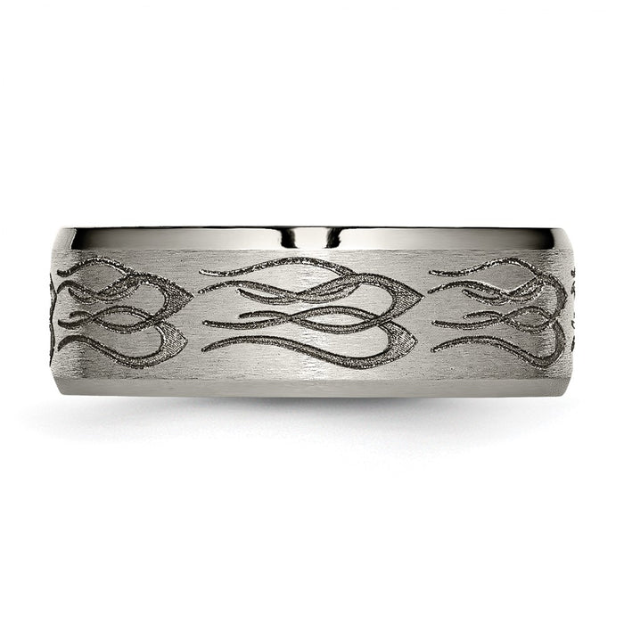 Exclusive 8mm Beveled Edge Titanium Band with Stylish Flame Laser Design-3