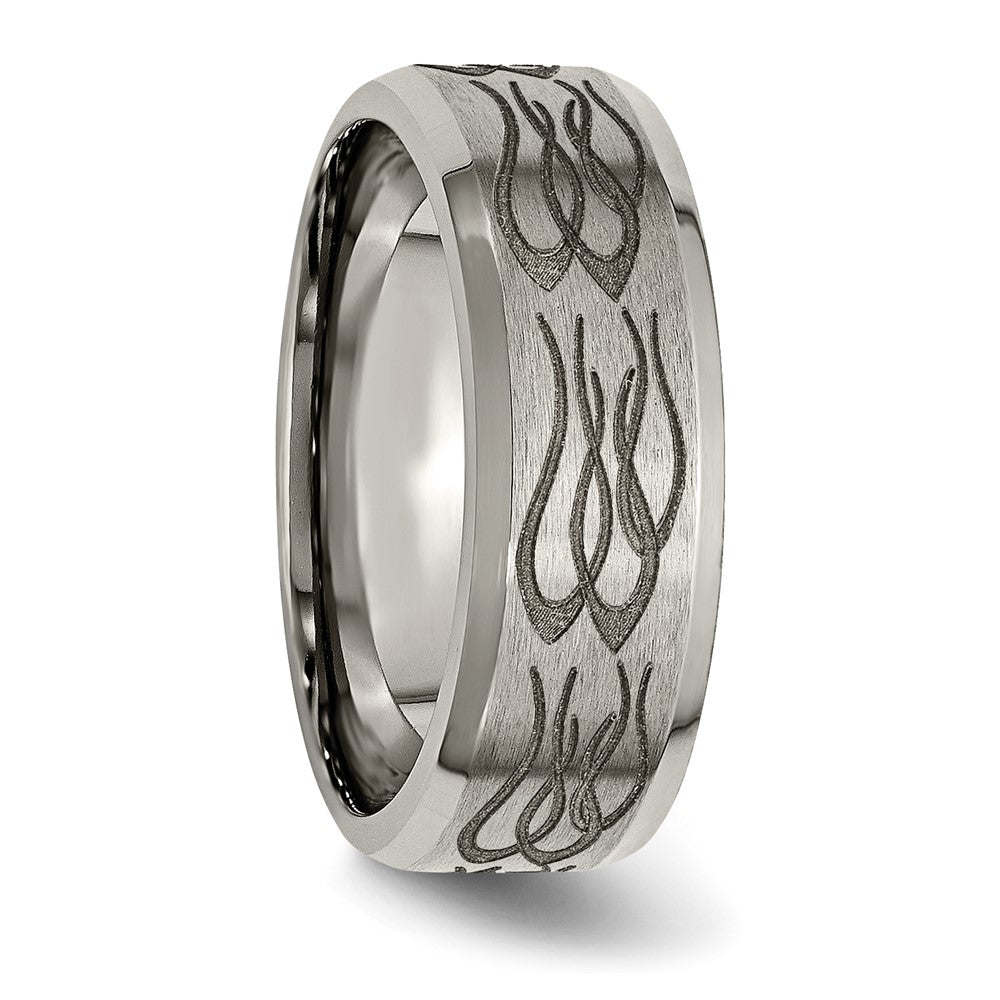 Exclusive 8mm Beveled Edge Titanium Band with Chiseled Flame Design