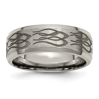 Exclusive 8mm Beveled Edge Titanium Band with Chiseled Flame Design
