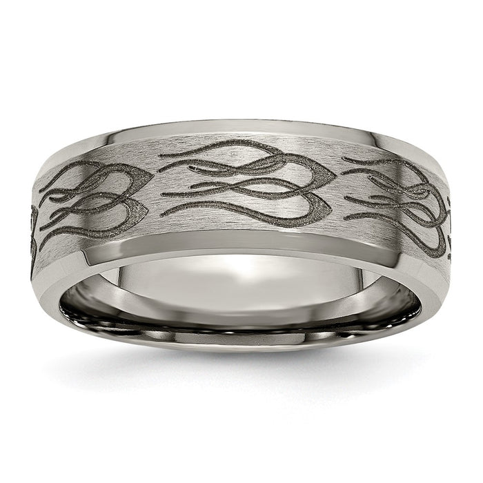 Exclusive 8mm Beveled Edge Titanium Band with Chiseled Flame Design-1