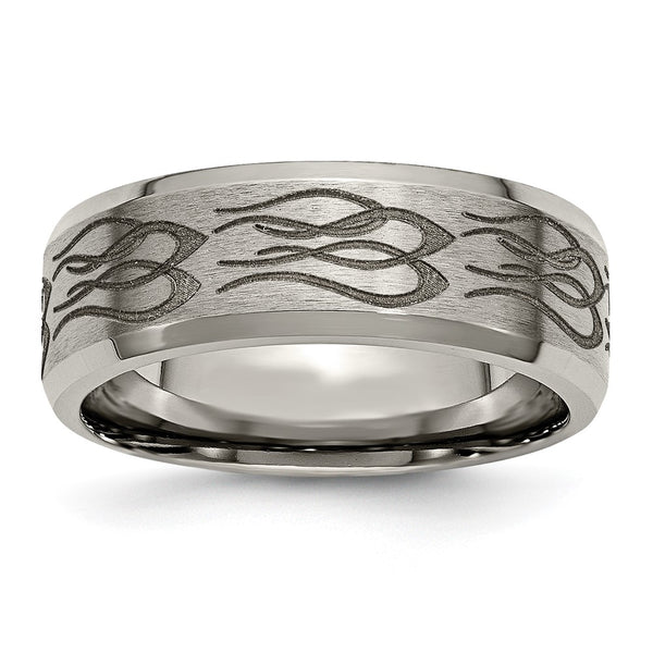8mm Beveled Edge Band - Chiseled Titanium Flame Laser